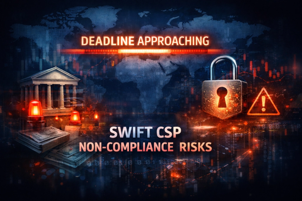 Deadline warning for SWIFT CSP compliance risks with security lock and alert symbols.