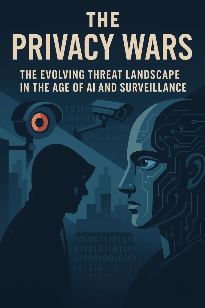 AI and surveillance illustration with humanoid figure, camera; The Privacy Wars text on digital threats.