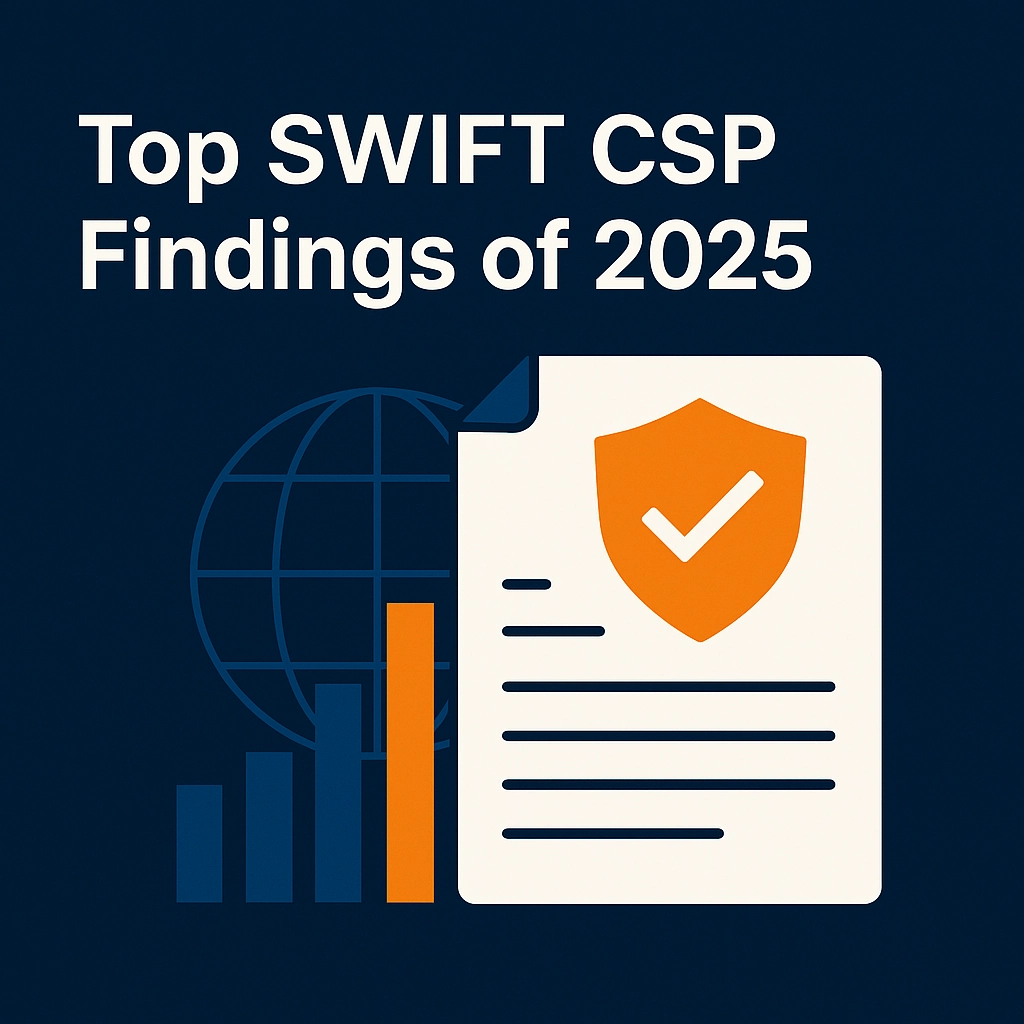 Infographic: Top SWIFT CSP Findings 2025 - Security report, chart, and globe icon on blue background