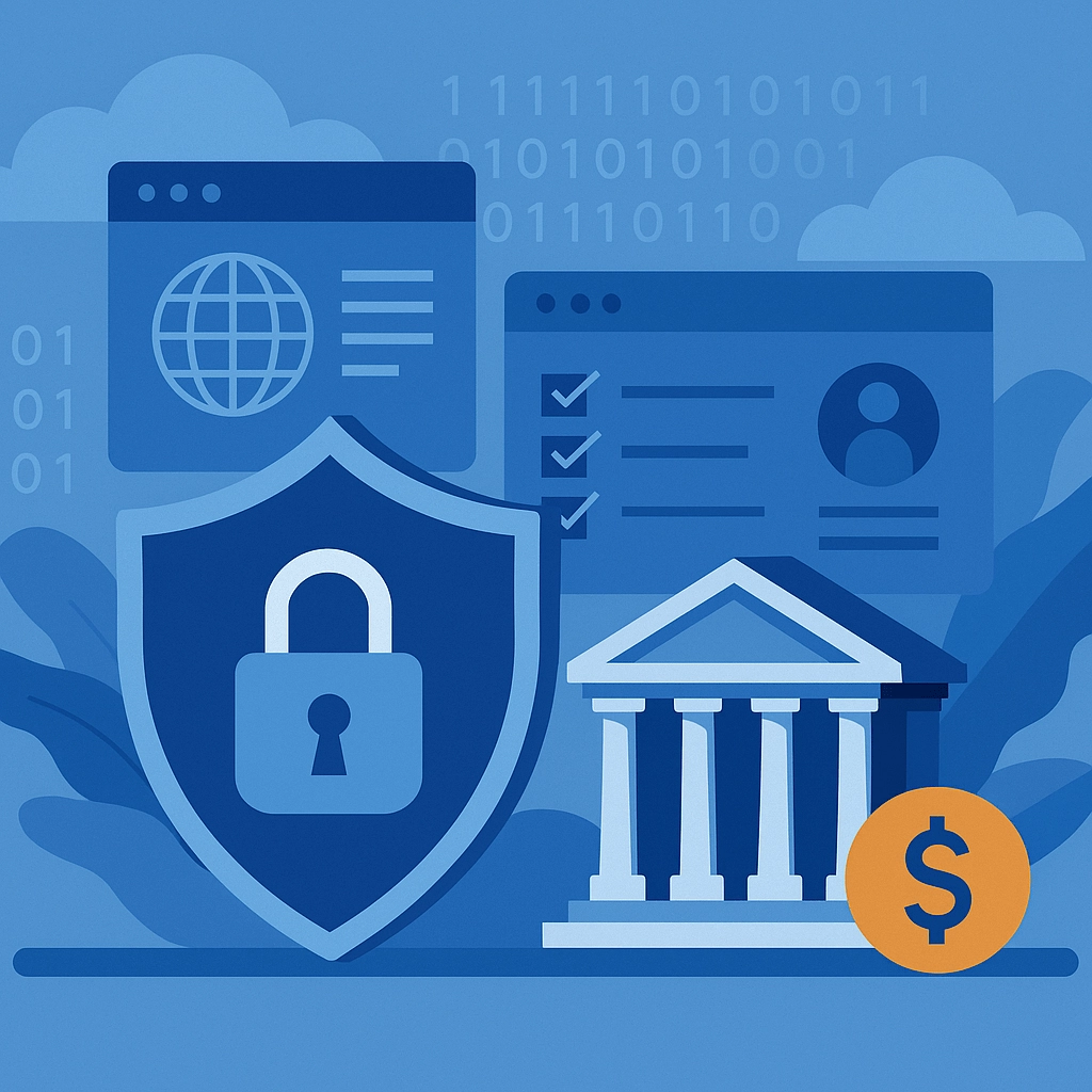 Online security and finance concept with padlock, bank, and digital elements illustrated in blue tones.