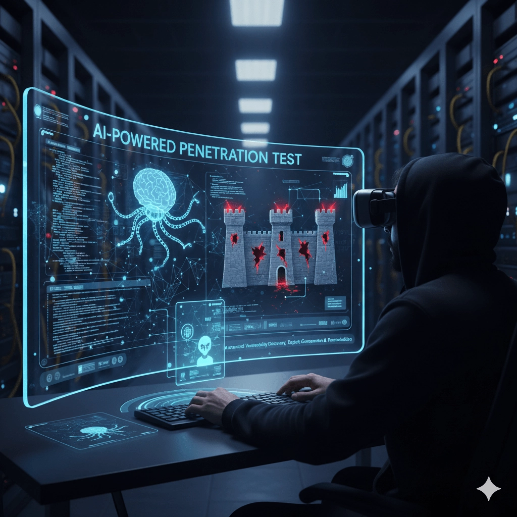 Hacker in dark room conducting AI-driven penetration test on virtual castle interface in a data center environment.