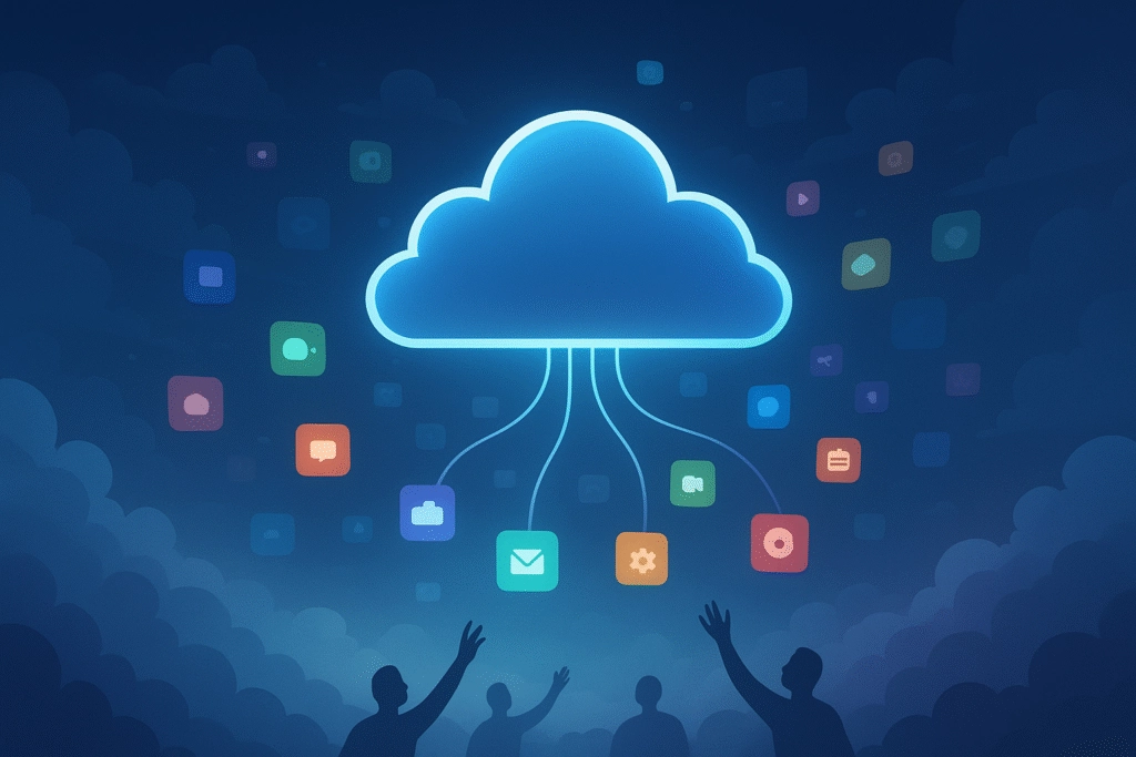 Illustration of people interacting with a cloud containing various app icons, symbolizing cloud computing and digital connectivity.