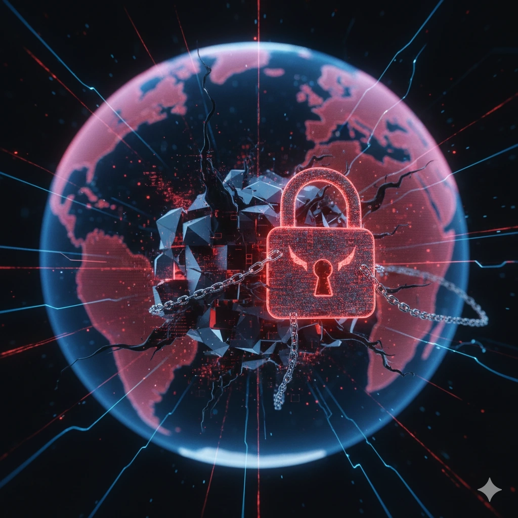Digital security concept: glowing padlock with chains around cracked globe, emphasizing global cybersecurity.