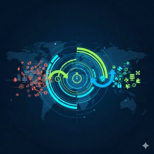 Digital world map with circular data flow and technology icons, symbolizing global connectivity and information exchange.