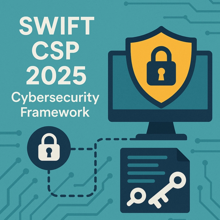 SWIFT CSP 2025 Cybersecurity Framework with lock and key graphics on a computer screen and document.