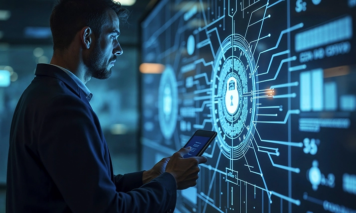 Man using tablet for cybersecurity analysis on a digital screen with lock icon, network connections, and data charts.