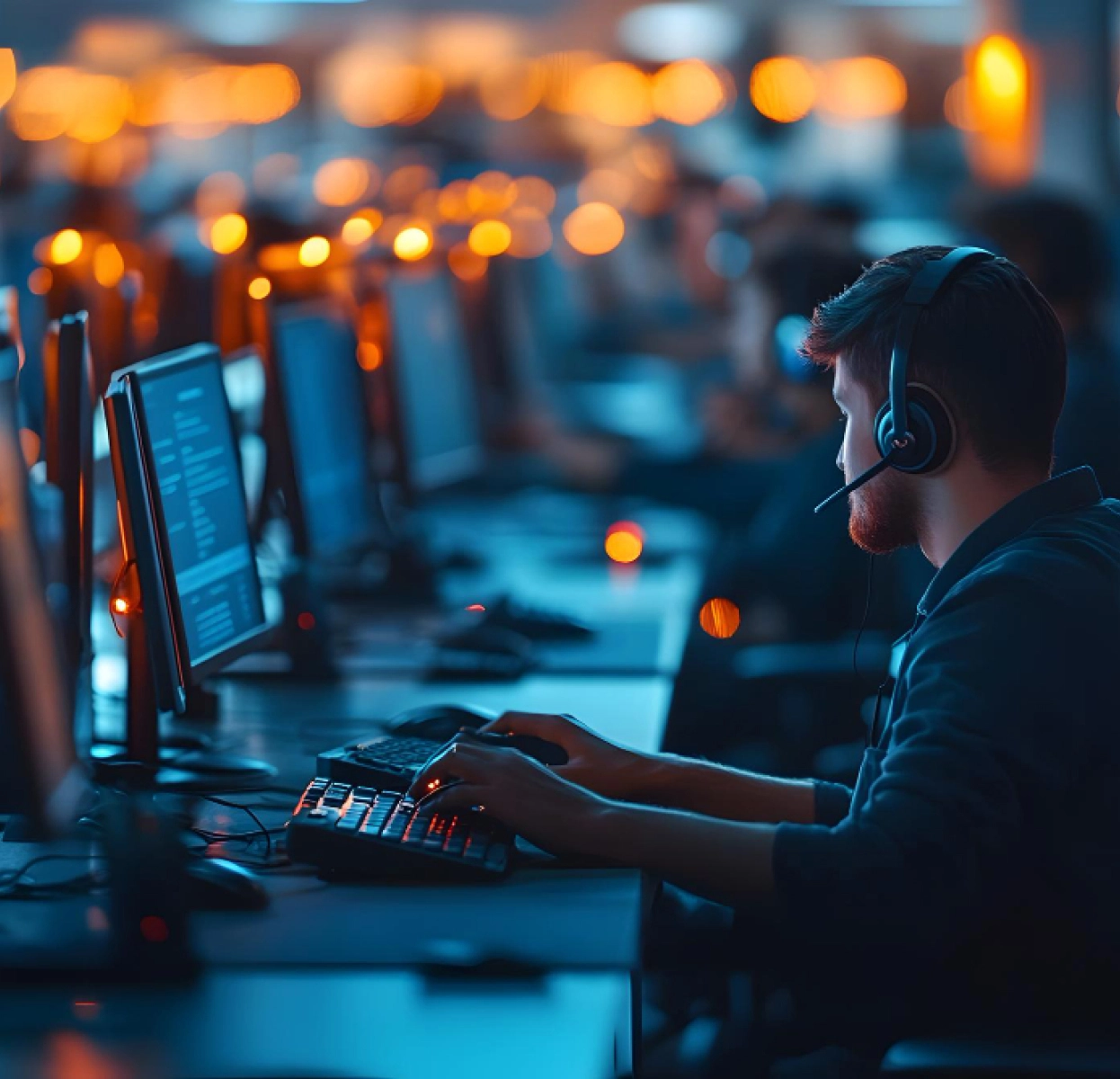 Person wearing a headset and typing on a keyboard at a row of monitors in a dimly lit tech office.