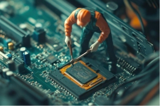 Hand with orange sleeve uses tweezers to place a processor onto a motherboard, a macro view of CPU installation on a circuit board.