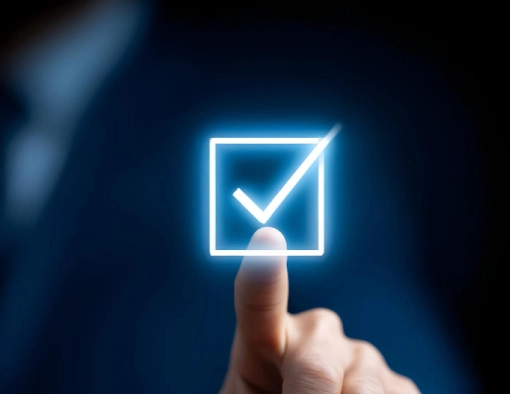 Finger taps a glowing square checkbox with a checkmark, symbolizing completed task.