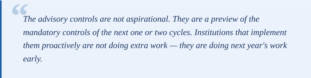 The advisory controls are not aspirational. They are a preview of mandatory controls