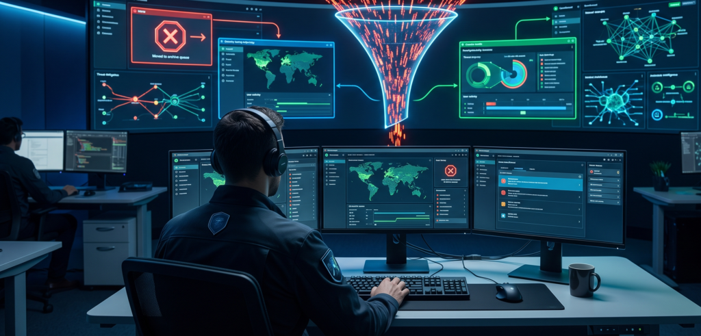 A security analyst wearing a headset sits at a multi-monitor desk, monitoring world maps and data dashboards on a wall of screens.